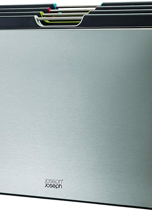 Joseph Joseph Folio 4-Piece Colour coded Cutting Board Set, Stainless Steel Slimline case for organized Kitchen storage, Silver