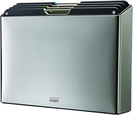 Joseph Joseph Folio 4-Piece Colour coded Cutting Board Set, Stainless Steel Slimline case for organized Kitchen storage, Silver