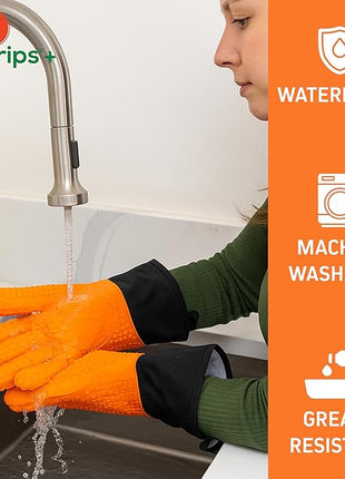 Ekogrips Plus Oven Gloves with Fingers, Comfy Waterproof Silicone Oven Mitts Heat Resistant with Long Cuff, Insulated BBQ Gloves Perfect for Grilling, Baking, Smoker, Canning, and Pizza, Black, OSFM