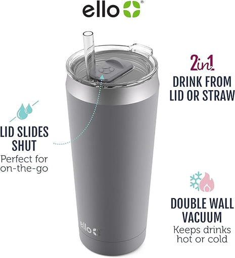 Ello Beacon Vacuum Insulated Stainless Steel Tumbler with Slider Lid and Optional Straw