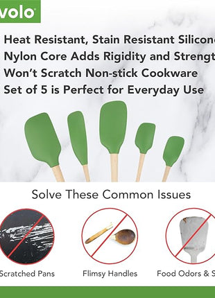 Tovolo Silicone Spatula with Wooden Handle Set of 5 Piece Silicone Kitchen Utensil Set Spoonula Jar Scraper Mini Spatula and Spoonula for Cooking Baking Mixing Folding Pesto Green
