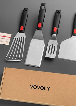 Stainless Steel Spatula Set with Heat Resistant Silicone Handle, VOVOLY Metal Spatulas For Kitchen Use, Thickened Smash Burger Spatula, Mini Brownie Spatula, Fish Flipper, Grill Scraper
