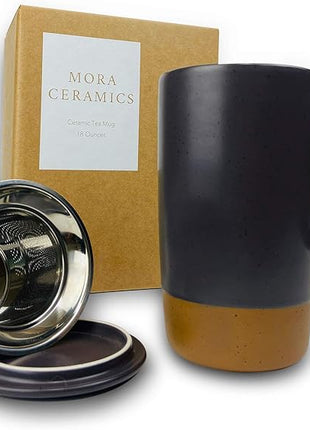Mora Ceramics Large Tea Mug with Loose Leaf Infuser and Ceramic Lid, 18 oz, Portable, Microwave, Dishwasher Safe, Tall Coffee Cup - Rustic Matte Ceramic Glaze, Modern Herbal Tea Strainer, Nightwaves