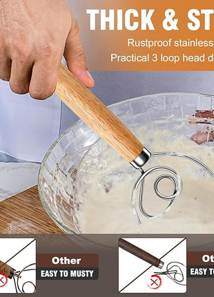 Walfos Wood Danish Dough Whisk, Wooden Sourdough Mixer With Stainless Steel Ring, Kitchen Hand Bread Whisking Tool for Cake, Pizza, Pastry, Biscuits