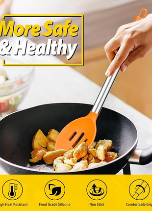 Pack of 2 Large Silicone Cooking Spoons,Non Stick Solid Basting Spoon,Heat-Resistant Kitchen Utensils for Mixing,Serving,Draining,Stirring (ORANGE)