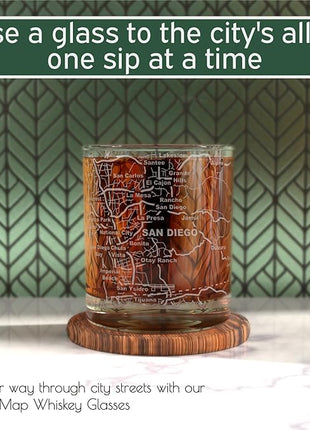 Greenline Goods Whiskey Glasses - 10 oz Tumbler Set for San Diego lovers, Etched with San Diego Map Old Fashioned Rocks Glass - Set of 2
