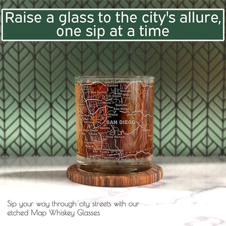 Greenline Goods Whiskey Glasses - 10 oz Tumbler Set for San Diego lovers, Etched with San Diego Map Old Fashioned Rocks Glass - Set of 2