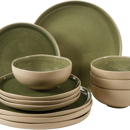 Gibson Elite Manila Bay 12-Piece Stoneware Dinnerware Set, Service for 4, Reactive Glaze Modern Artisan Plates, Bowls & Mugs, Green, Round Design