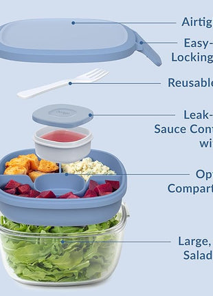Bentgo Glass All-in-One Salad Container - Large 61-oz Salad Bowl with Lid, 4-Compartment Bento-Style Tray, 3-oz Sauce Container, and Reusable Fork - Dishwasher, Microwave, and Oven Safe (Light Blue)