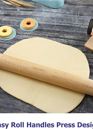 Geesta Adjustable Wood Rolling Pin with 5 Thickness Rings, Precise Dough Roller Handle Press Design with Measurement Guide for Baking Fondant, Pie Crust, Cookie, Pastry - Baking Essential