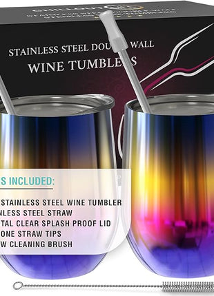 CHILLOUT LIFE 12 oz Stainless Steel Wine Tumblers 2 Pack - Double Wall Vacuum Insulated Wine Glasses Cups with Lids and Straws Set Keeping Cold & Hot for Coffee, Beer, Ice Cream - Colorful Rainbow
