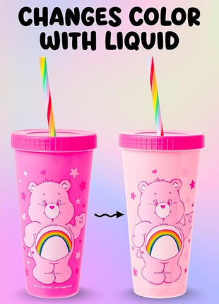 Silver Buffalo Care Bears Hearts and Stars 4 Pack Plastic Color Changing Tumblers with Rainbow Swirl Straws Featuring Tenderheart, Funshine, Cheer, and Grumpy Bear 24 Ounces