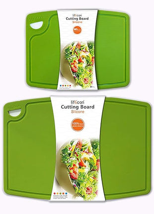 Liflicon Thick Cutting Boards for Kitchen Silicone Chopping Board Set of 2 Mid 12.6'' x 9.1”,Mini 9.1”x7.1” Non-slip Deep Drip Juice Groove Easy Grip Handle,Dishwasher Safe-Green