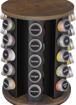 New England Stories Revolving Spice Rack Set with 35 Spice Jars, Kitchen Spice Tower Organizer for Countertop or Cabinet - Carousel Storage Includes 386 Spice Labels