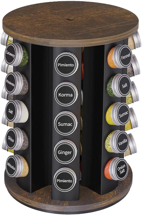 New England Stories Revolving Spice Rack Set with 35 Spice Jars, Kitchen Spice Tower Organizer for Countertop or Cabinet - Carousel Storage Includes 386 Spice Labels
