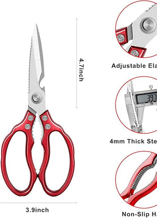AWinjoy Heavy Duty Sharp Kitchen Scissors, Dishwasher Safe, Cooking Shears for Meat, Chicken, Fish, Poultry, Herb, Bread (Red)