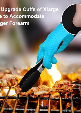 GEEKHOM BBQ Gloves Heat Resistant Oven Mitts - Silicone Grilling Gloves with 14" Long Arm Protection - Waterproof Pot Holder Non-Slip for Men & Women, Kitchen Cooking, Baking, Camping, Blue