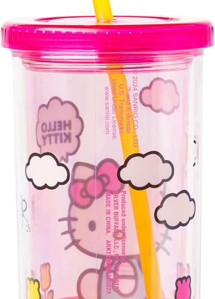 Silver Buffalo Sanrio Hello Kitty Spring and Summer Flowers Rainbow Stripes Plastic Cold Cup with Lid and Straw, 20 Ounces