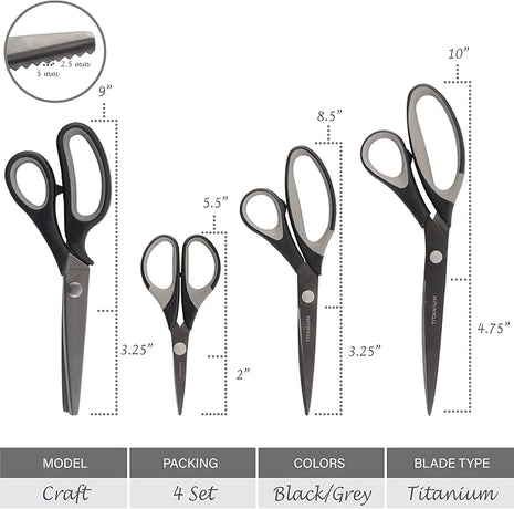 BambooMN Titanium Softgrip Scissors Set - Pinking, Sewing, Arts, Crafts, Office - 30 Sets of 4 - Black w/Grey