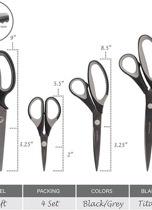 BambooMN Titanium Softgrip Scissors Set - Pinking, Sewing, Arts, Crafts, Office - 3 Sets of 4 - Black w/Grey Inlays