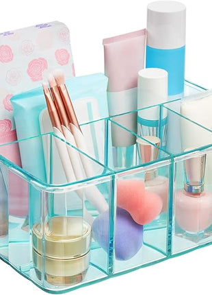 STORi 5-Compartment Plastic Organizer, Ocean Mist, Rectangular Divided Makeup and Vanity Storage Bin and Office Desk Caddy, Scalloped Wall Design, Made in USA