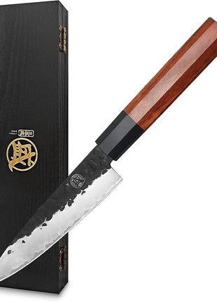 MITSUMOTO SAKARI Paring Chef Knife 5.5 inch - Hand Forged Japanese Fruit and Vegetable Knives, 3-Layer 9CR18MOV High Carbon Steel, Rosewood Handle & Sandalwood Box