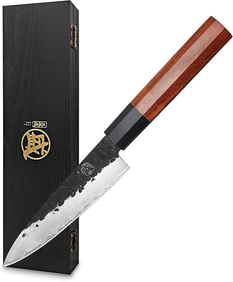 MITSUMOTO SAKARI Paring Chef Knife 5.5 inch - Hand Forged Japanese Fruit and Vegetable Knives, 3-Layer 9CR18MOV High Carbon Steel, Rosewood Handle & Sandalwood Box