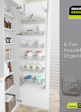 Smart Design Over-the-Door Organizer for Storage – Perfect for Pantry Organization, Bedroom, Bathroom Storage, Playroom, or Kitchen - Adjustable Steel Frame with 6 Baskets & Wall Mount – Grey …