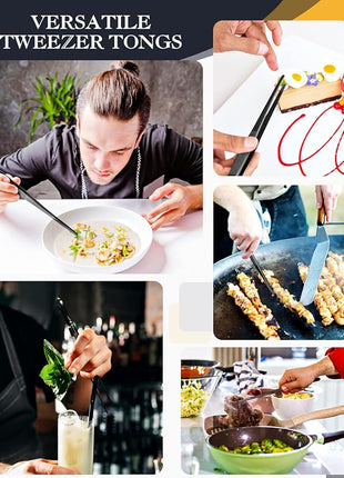 2 Pcs 12-inch Cooking Tweezers Tongs Precision Serrated Tips, Stainless Steel Professional Chef Tweezer Kitchen Tools for BBQ, Plating and Serving (Black)