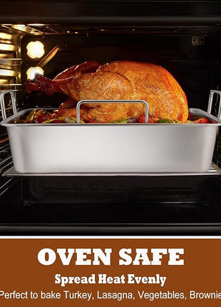 P&P CHEF 14" Roaster Roasting Pan with Baking Rack and V-shaped Rack, Stainless Steel Rectangular Lasagna Pan with Handles for Turkey Chicken, Healthy & Dishwasher Safe, 3 Pieces, Silver