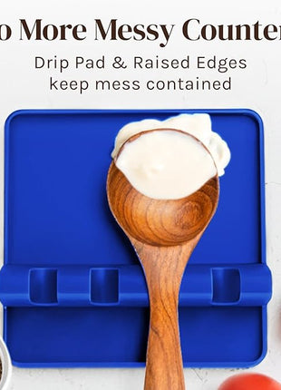 Blue Silicone Spoon Rest for Stove Top with Drip Pad (Two Pack) - Heat Resistant BPA Free Utensil Rest & Spoon Holder for Kitchen Counter - Grill Utensil Holder - Spatula Holder, Tongs, Ladle