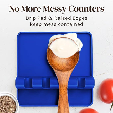 Blue Silicone Spoon Rest for Stove Top with Drip Pad (Two Pack) - Heat Resistant BPA Free Utensil Rest & Spoon Holder for Kitchen Counter - Grill Utensil Holder - Spatula Holder, Tongs, Ladle