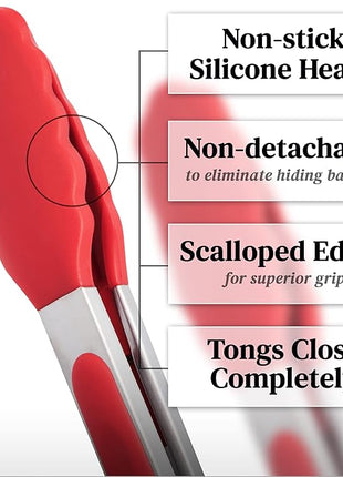 Popco 3-Piece Kitchen Tongs Set – Stainless Steel Heat Resistant Silicone Tips, Strong Comfort Grip, 3 Sizes (7, 9, 12 Inch), Non-Scratch, Dishwasher Safe, for Cooking, BBQ, Salad