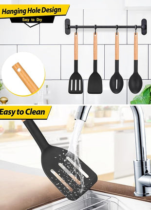 Pack of 4 Silicone Cooking Utensils Set, Non Stick Solid Spatulas and Heat Resistant Slotted Spoons with Wooden Handle, Ideal Wood Kitchen Utensils Set for Frying,Serving,Turning,Stirring (BLACK)