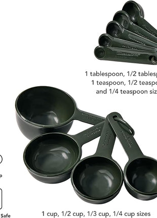 KitchenAid Plastic Measuring Cups and Spoon Set, Set of 9, /4, 1/2, 1/3, and 1 cup sizes, and 1 tbsp, 1/2 tbsp, 1 tsp, 1/2 tsp and 1/4 tsp, Evergreen