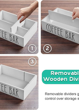 ALELION ALEION White Coffee Station Organizer - Wood Countertop Accessories Organizer with Removable Dividers for Pods Condiment Syrup Tea Cups Stirrers
