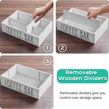 ALELION ALEION White Coffee Station Organizer - Wood Countertop Accessories Organizer with Removable Dividers for Pods Condiment Syrup Tea Cups Stirrers