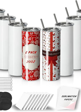 MURRICON Sublimation Tumblers 20 oz Skinny Straight,Stainless Steel Sublimation Blanks Skinny Tumbler,Double Wall Vacuum Insulated Tumblers,with lid and straw,8 Pack