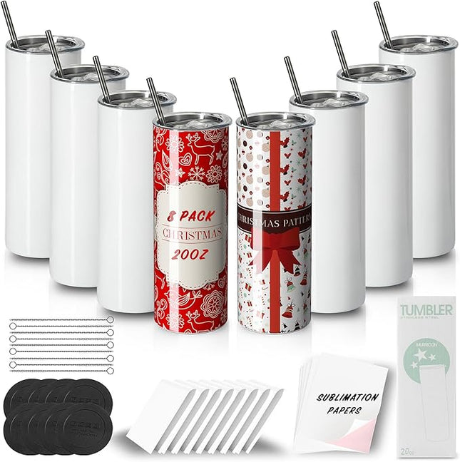 MURRICON Sublimation Tumblers 20 oz Skinny Straight,Stainless Steel Sublimation Blanks Skinny Tumbler,Double Wall Vacuum Insulated Tumblers,with lid and straw,8 Pack