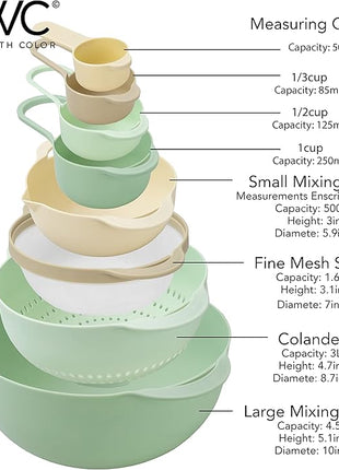 COOK WITH COLOR Nesting Bowls with Measuring Cups Colander and Sifter Set - Includes Mixing Bowls, Colander, Sifter and Measuring Cups, Mint, 8 Pc Bowl