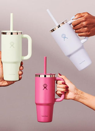 Hydro Flask Travel Tumbler with Handle, Lid and Straw - Insulated Stainless Steel in 24 Oz Aloe