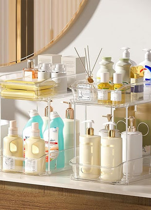 Delamu 2-Tier Under Sink Organizers and Storage, Multi-Purpose Stackable Bathroom Cabinet Organizers, Pull Out Kitchen Pantry Organization and Storage with Dividers(4 Pack, Clear)