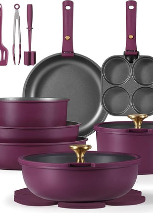 CAROTE 21pcs Pots and Pans Set, Nonstick Cookware Set Detachable Handle, Induction Kitchen Cookware Sets Non Stick with Removable Handle, RV Cookware Set, Gold and Purple