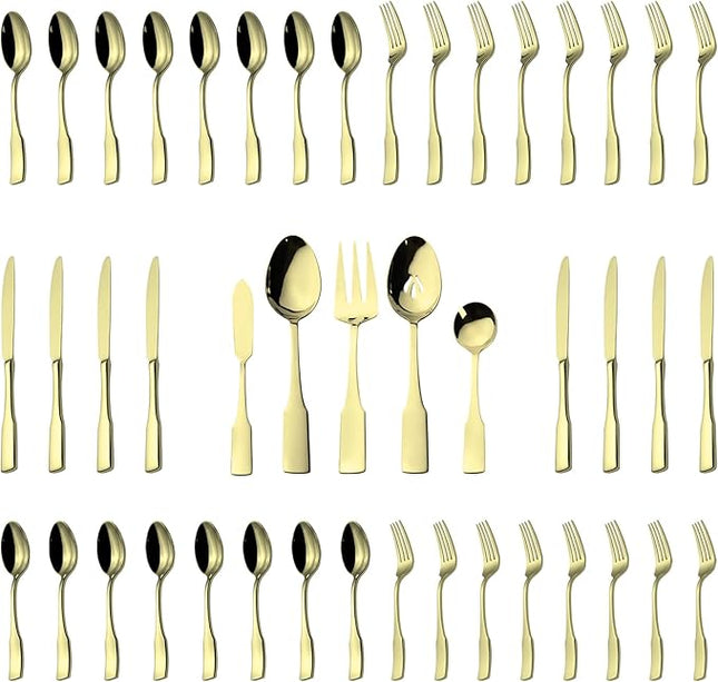 Alata Kate Champagne Gold Mirror 45-Piece Silverware With Utensil-Serving Set, Service for 8, Stainless Steel Flatware, Mirror Polished Cutlery, Dishwasher Safe