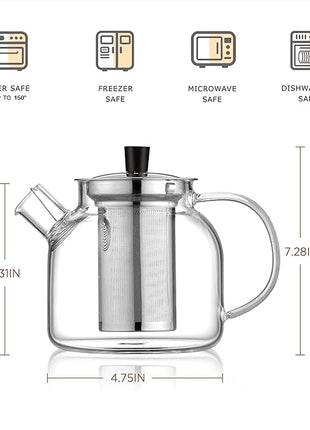 Glass Teapot with Removable Infuser,Ehugos 800ml (27OZ) Stovetop Safe Small Tea Pot, Blooming and Loose Leaf Hand Crafted Kettle for Women and Adult with Stainless Infuser