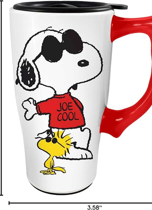 Spoontiques - Ceramic Travel Coffee Mug with Lid and Handle - Spill Proof Lid - Double Walled Mug for Hot and Cold Beverages - Microwave and Dishwasher Safe - Snoopy