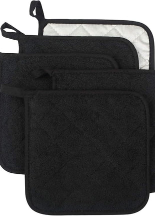 100% Cotton Kitchen Everyday Basic Terry Pot Holder Heat Resistant Coaster Potholder for Cooking and Baking Set of 5 Black