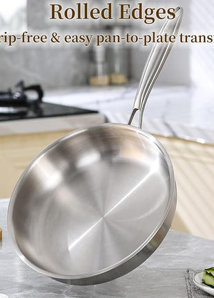 DELARLO Stainless Steel Pan丨10 Inch Skillet with Lid丨Oven Safe Up to 600℉丨Triply Stainless Steel Cookware丨Stainless Steel Pan 10 in丨Induction Compatible丨Fast Even Heat丨Large Cooking Surface