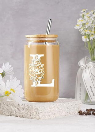 Coolife Initial Glass Cup, Monogrammed Gifts for Women, 16 oz Glass Cups w/Lids Straws, Iced Coffee Smoothie Beer Tumbler w/Straw Lid - Personalized Christmas, Birthday Gifts for Her Mom Friend Woman