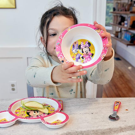 The First Years Disney Minnie Mouse Dinnerware Set - Toddler Plates and Toddler Utensils- 4 Piece Set